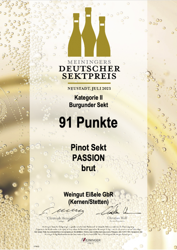 Deutscher Sektpreis für die Kategorie 2 Burgunder Sekt geht mit 9 Punkten an den Pinot Sekt PASSION brut vom Weingut Eißele im Remstal